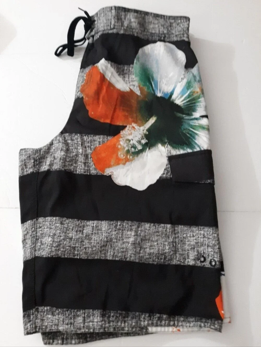 Hang Ten Mens Floral Striped Swim Trunks Board Shorts Black Grey Orange Medium